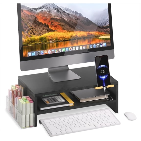 2 Tiers Wood Monitor Stand Riser with Phone Holder & Side Pen Holder