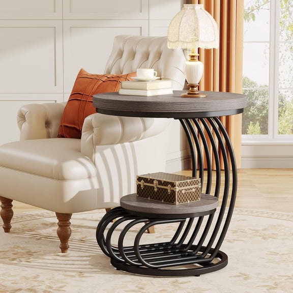 2 Tiers Wood Side Table with Storage Shelf, Rustic Gray Bedside Nightstand, Metal Arc-Shaped Frame Accent Table for Living Room, Bedroom