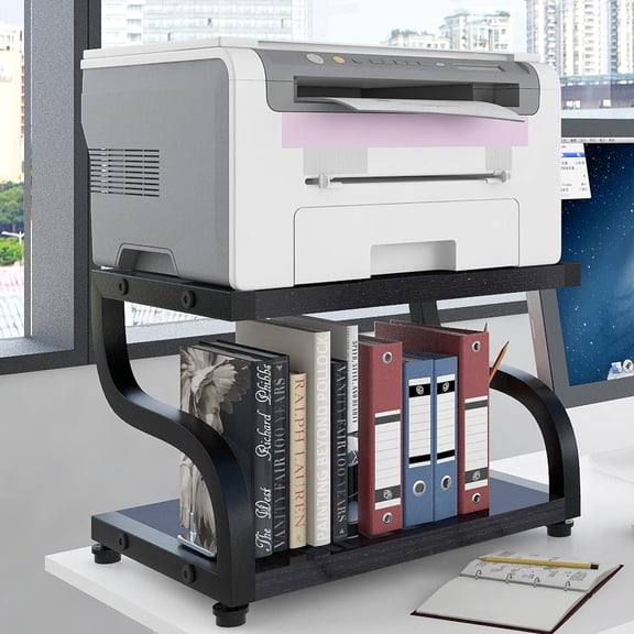2 Tiers Wood White Home Office Desktop Printer Stand Laser Printer Copier Stand with Storage Tabletop Heavy Duty Rack Desk Organizer Shelf Dual for Small Space Double Tiers Tray