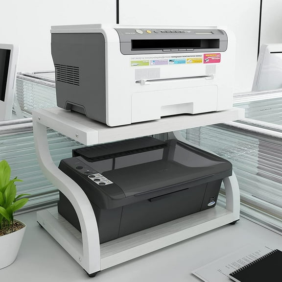 2 Tiers Wood White Home Office Desktop Printer Stand Laser Printer Copier Stand with Storage Tabletop Heavy Duty Rack Desk Organizer Shelf Dual for Small Space Double Tiers Tray