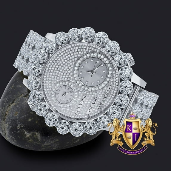 2 Time Zone Chronograph Real Genuine Diamond Dial Men's White Gold Finish Flower Bezel Band Custom Watch Analog 45mm W/Date