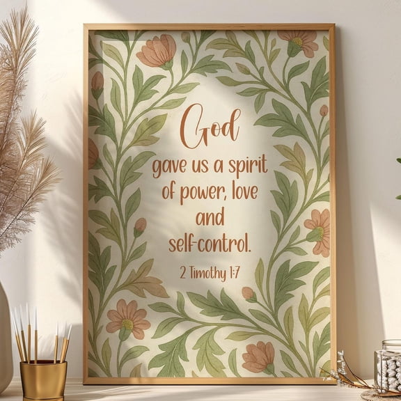 2 Timothy 1:7 Print, God Gave Us a Spirit of Power Love Self-Control Wall Art, Green Orange Botanical Bible Verse Art, Floral Scripture Art Unframed Paper Print