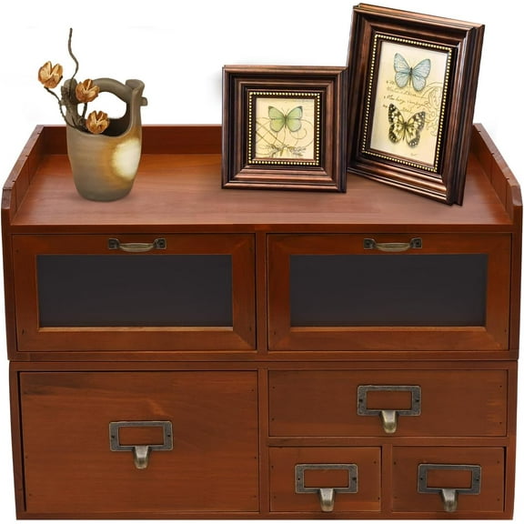 2-Tire Vintage Desk Organizer with Drawers, Stackable Desktop Drawers for Countertop, Mini Tabletop Storage Container with Drawers for Home Office No Assembly Required