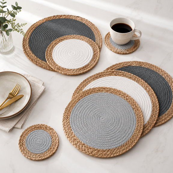 2. Title: Natural Rattan Round Woven Placemat, Cotton Rope Spliced Heat Insulation Table Mat, Nordic Style Decorative Coaster for Dining Table and Kitchen