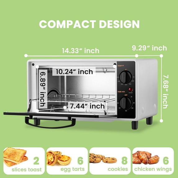 2- Toaster Oven with 1000W Power, 3-in-1 Functions, Easy Control Knobs, Black/White