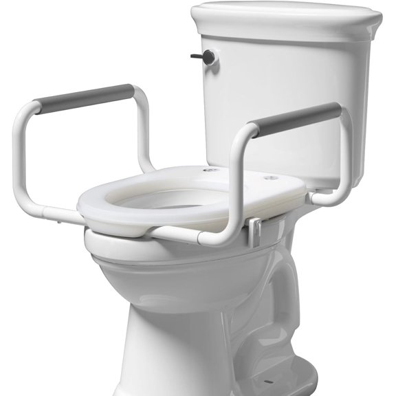2" Toilet Seat Riser with Handles Comfortable Raised Toilet Seat for Seniors, Fits for Elongated Toilets, Elevated Seat with Soft Grey Padded Arms for Bathroom