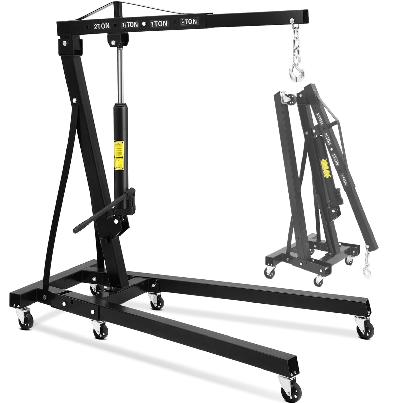 2 Ton (4000 LB) Folding Hydraulic Engine Hoist, Engine Shop Crane Hoist Lift, Heavy Cherry Picker with 6 Wheels and Telescopic Boom for Home Garage, Workshop, Warehouse, Heavy-Duty