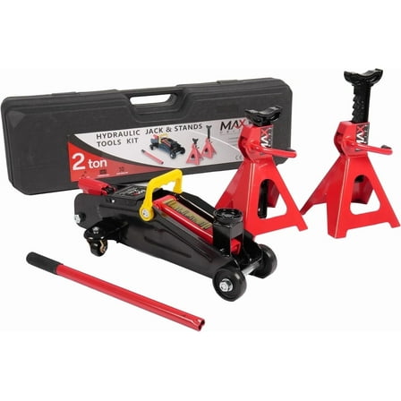 2-Ton (4400 lbs) Hydraulic Low Profile Trolley Garage Service/Floor Jack with Blow Mold Carrying Storage Case and 1 Pair 2 Ton Jack Stands for Home and Workshop Vehicle Maintenance