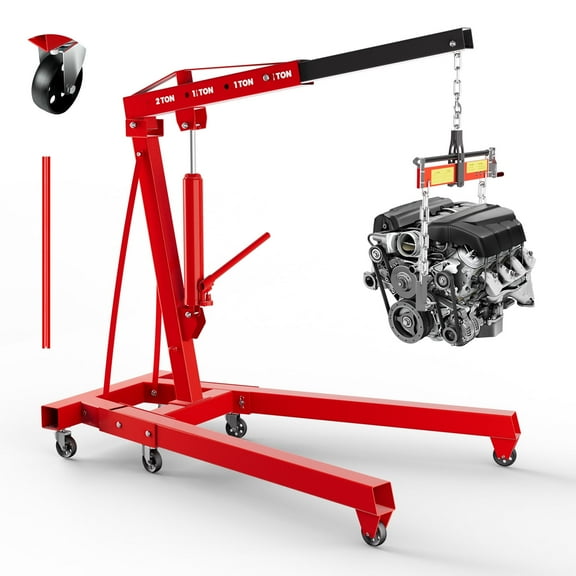 Foldable Engine Hoist, Red Folding crane with 4400Lb Capacity and Metal Frame, Heavy Duty Shop Crane, Heavy Duty Hydraulic Shop Crane for Garage