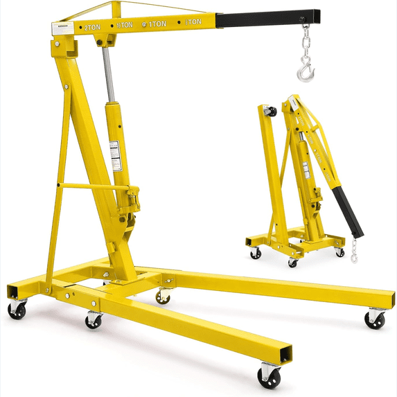 2 Ton Cherry Picker Engine Hoist, Folding Engine Crane,4400lb Engine Hoist Lift, Heavy Duty Hydraulic Engine Shop Crane with 6 Casters, Telescopic Boom Hitch For Automotive Repair, Garage Use