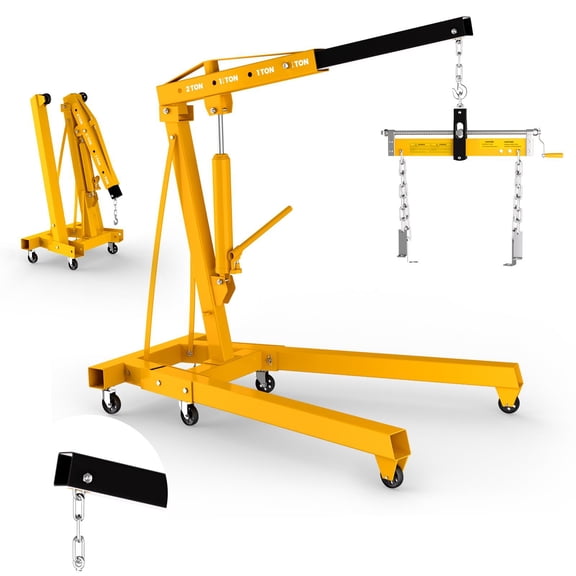 2 Ton Engine Hoist, 4400lbs Heavy Duty Yellow Engine Lift Crane with 9t Hydraulic Jack, Foldable Cherry Picker for Auto Repair, Engine Removal, Lifting Jobs