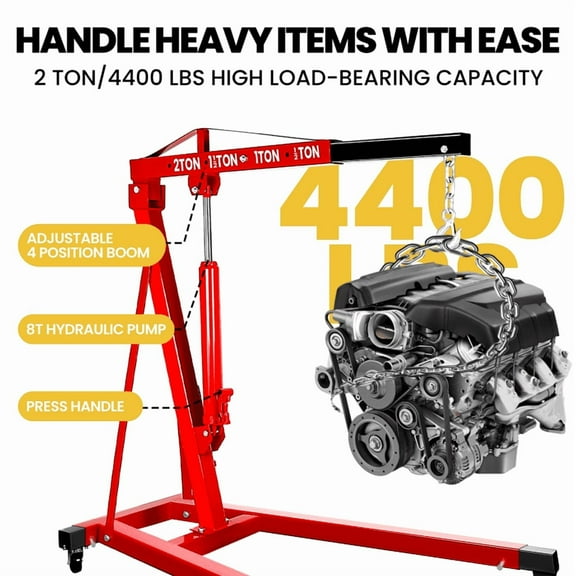 2 Ton Engine Hoist Cherry Picker with Electric Winch, Foldable Design, High-Lift Capacity & 4-Wheel Mobility, 4500Lbs for Construction, Warehouse & Factory, Red