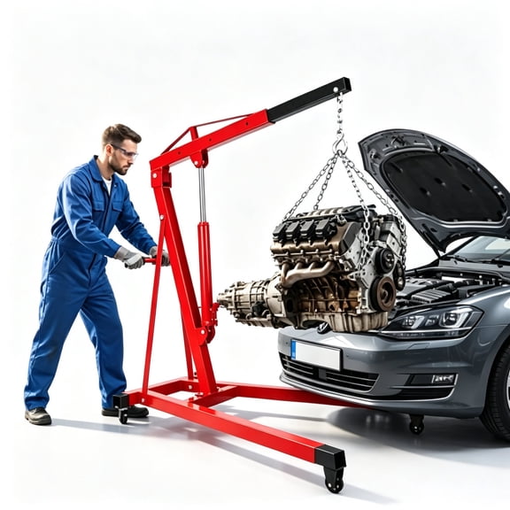 2 Ton Engine Hoist Cherry Picker, Heavy Duty Engine Lift Hoist, 4400lbs Hydraulic Shop Crane with 4‑Position Adjustable Boom & 4 Swivel Steel Casters for Auto Repair Garage Workshop (Red)