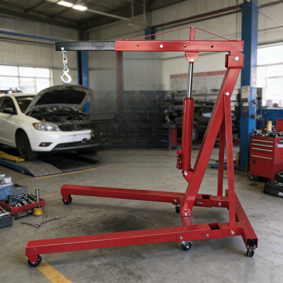 2 Ton Engine Hoist Cherry Picker Hydraulic Shop Crane 4000 lbs Capacity Foldable Heavy Duty with 6 Swivel Casters Adjustable Load Arm for Auto Repair Garage Workshop Warehouse Lifting Red