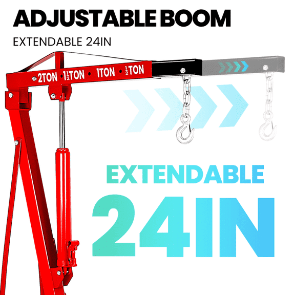 2 Ton Engine Hoist with Cherry Picker, Steel Construction, Hydraulic Operation & Adjustable Boom, 4500Lbs for Garage, Warehouse & Equipment Installation, Red