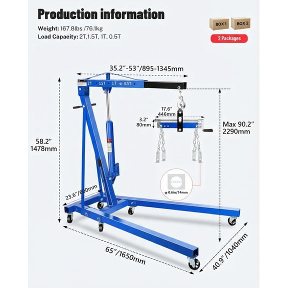 2-Ton Engine Hoist Crane with Lever 4 200 lb Folding Cherry Picker with 6 Steel Wheels and Adjustable Boom for Truck Engine Lifting Blue