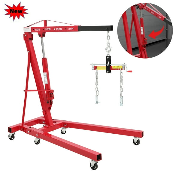 2 Ton Engine Hoist with Leveler,Heavy Duty Folding Cherry Picker with Caster Wheels,Telescopic Boom,Sturdy Steel Frame,Adjustable Legs for Shop Home,Easy Lifting,Red