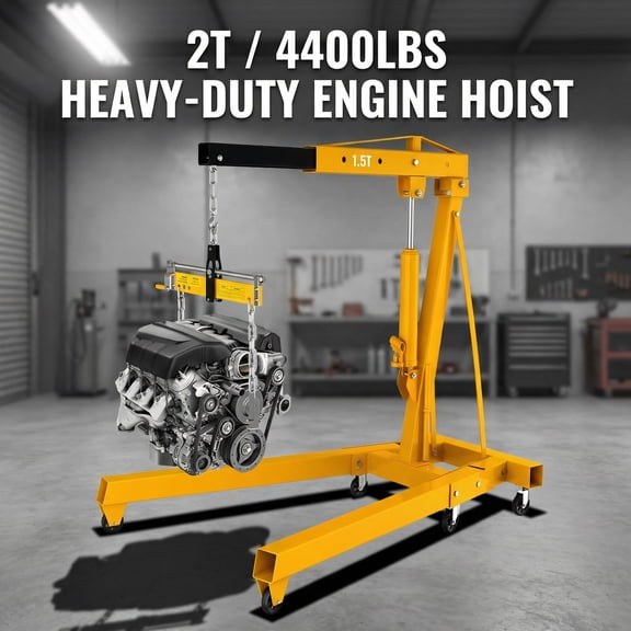 2 Ton Engine Hoist with Leveler, Telescopic Boom for Versatility, 4400LBS, Heavy Duty, Hydraulic Engine Crane, Garage, Site, Warehouse (Yellow)