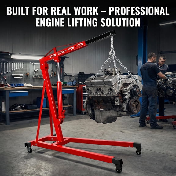 2 Ton Hydraulic Garage Crane, Red Reinforced Steel, Telescoping Arm, Engine Hoist, Workshop Lift, Auto Shop, Tractor Handling