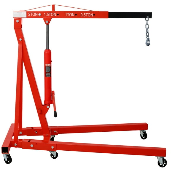 2-Ton Folding Engine Hoist Cherry Picker - Heavy Duty Steel Shop Crane, Red. 6-Wheel Design for Easy Maneuverability. Ideal for Automotive Shops & Garages.
