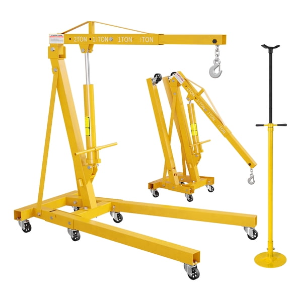 2 Ton Folding Hydraulic Engine Hoist & 3/4 Ton Underhoist Support Stand Set – Heavy Duty Steel Shop Crane, 4-Position Boom, High Reach for Engine Lifting, Yellow