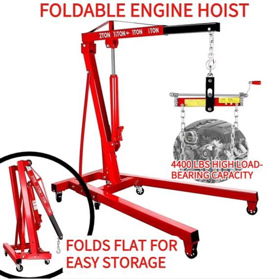 2 Ton Heavy Duty Engine Hoist, 4400 lbs Thickened Steel Shop Crane, Hydraulic Folding Cherry Picker with Leveler for Garage Auto Repair Shop, Red