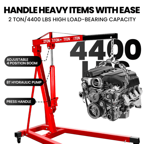 2 Ton Hydraulic Engine Crane with Telescopic Boom, Foldable Base, Load Indicator & Anti-Rust Finish, 4500Lbs for Workshop, Automotive & Cargo Handling, Red