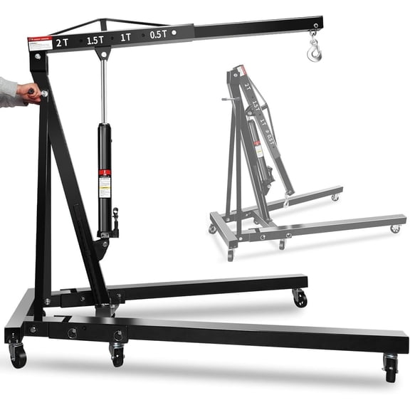2 Ton Hydraulic Engine Hoist 4400 LBS Foldable Cherry Picker Crane with 6 Locking Casters and 4 Boom Positions for Garage and Auto Repair Black