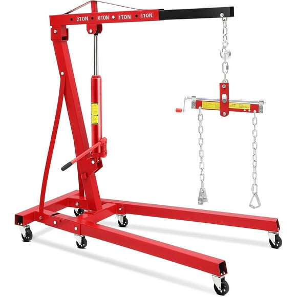 2 Ton Hydraulic Engine Hoist with Leveler, 4400 LB Foldable Mobile Cherry Picker with 6 Casters & Adjustable Telescopic Booms, Heavy Duty Engine Crane for Garage, Warehouse, Auto Repair, Red