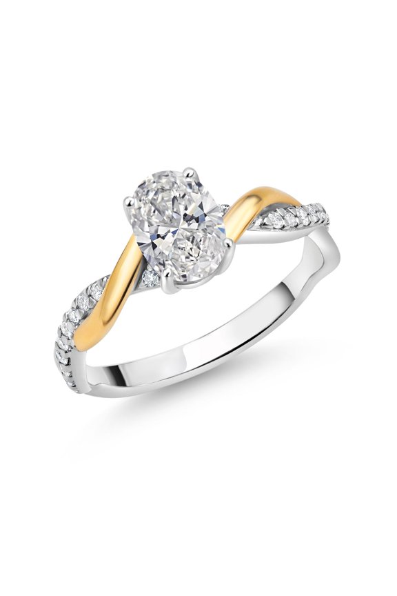 2 Tone 10K Yellow Gold and 925 Sterling Silver IGI Certified Lab Grown Diamond Twisted Interwoven Ring for Women | 1.28 Cttw | Center Oval Cut Diamond 1 Ct | E-F | VS1-VS2 (Size 5)