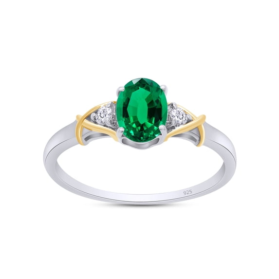 2 Tone 14K Yellow Gold Plated 925 Sterling Silver Oval Shape Green Nano Emerald and Round Shape Lab Grown Diamond Women Ring (0.85 Cttw) Ring Size - 8