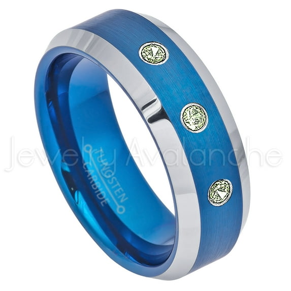 2-Tone Beveled Blue IP Tungsten Ring - 0.21ctw Peridot 3-stone Band - Personalized Tungsten Wedding Ring - Custom Made August Birthstone Ring TN692BS