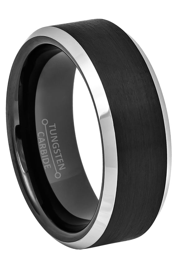 2-Tone Black Beveled Tungsten Wedding Band Brushed Finish Men's Tungsten Anniversary Ring TN667s7.5