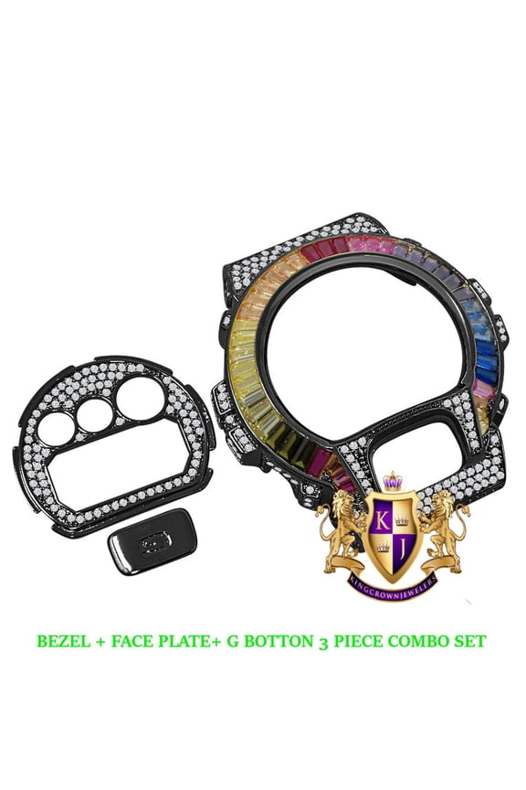 2 Tone Black Gold Baguette Rainbow Multi G Shock DW-6900 Simulated Diamond Watch Custom Cover Case Face Plate + Bezel + G Button 3 Piece