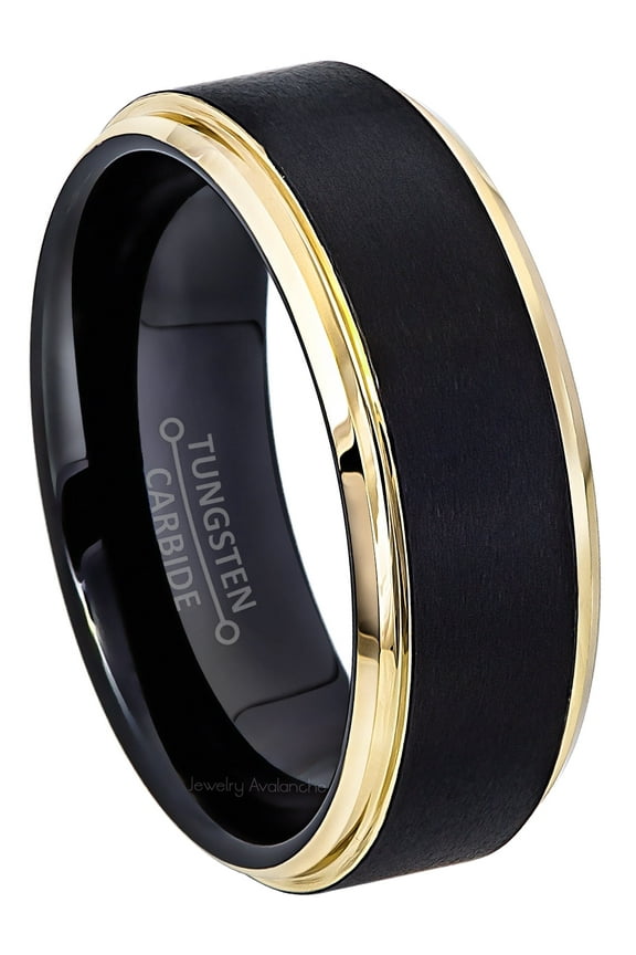 2-Tone Black & Gold Edge Trim - 8mm Men's Matte Finish Tungsten Carbide Wedding Band JATN854Ns9.5