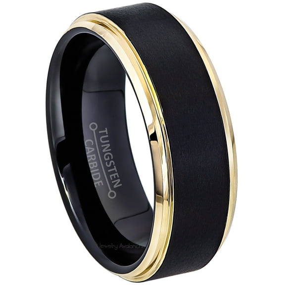 Jewelry Avalanche Brushed Black & Stepped Edge Gold Tungsten Mens Wedding Band 8mm