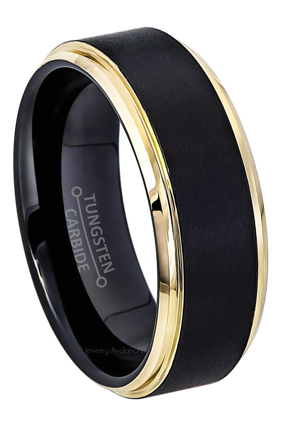 Brushed Black & Stepped Edge Gold Tungsten Mens Wedding Band 8mm