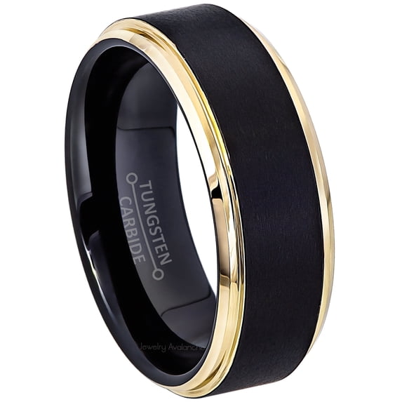 Jewelry Avalanche Black Tungsten Carbide Wedding Band for Men - Gold Stepped Edge - 8mm Matte Finish Comfort Fit Ring size 7.5