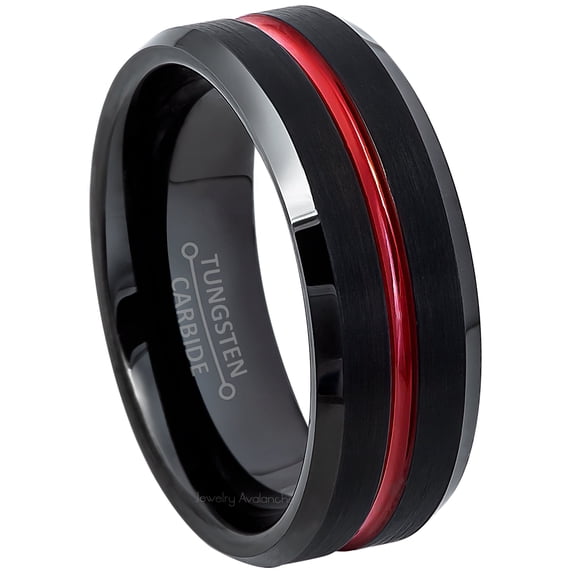 2-Tone Black Tungsten Carbide Wedding Band with Red Center Trim Men's Anniversary Ring JATN694s10.5