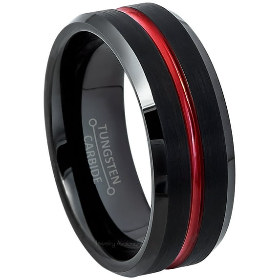 2-Tone Black Tungsten Carbide Wedding Band with Red Center Trim Men's Anniversary Ring JATN694s10