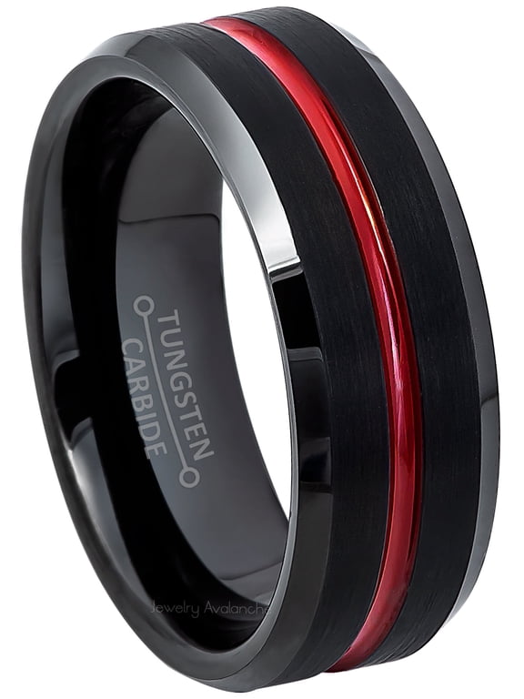 2-Tone Black Tungsten Carbide Wedding Band with Red Center Trim Men's Anniversary Ring JATN694s11