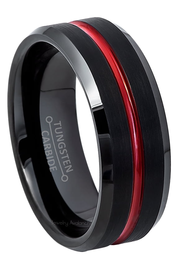 2-Tone Black Tungsten Carbide Wedding Band with Red Center Trim Men's Anniversary Ring TN694s7.5