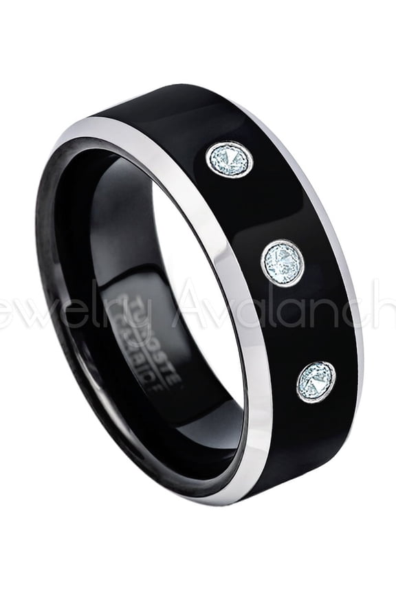 2-Tone Black Tungsten Ring - 0.21ctw Aquamarine 3-stone Band - Personalized Tungsten Wedding Ring - Custom Made March Birthstone Ring TN119AQM3-s7