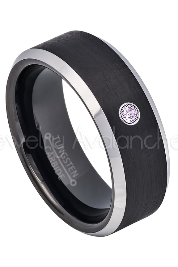 2-Tone Black Tungsten Wedding Band - 0.07ct Solitaire Amethyst Ring - Personalized Tungsten Wedding Ring - Custom Made February Birthstone Ring TN667BS