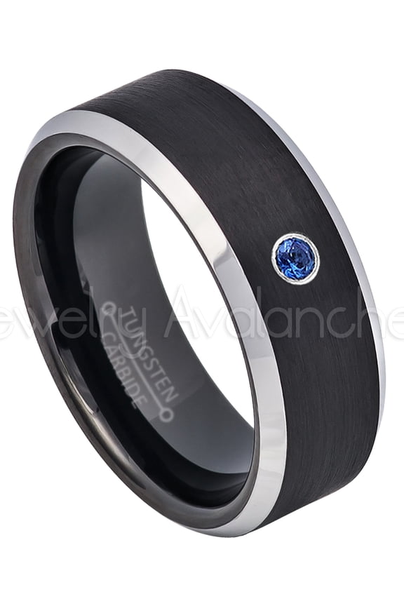 2-Tone Black Tungsten Wedding Band - 0.07ct Solitaire Blue Sapphire Ring - Personalized Tungsten Wedding Ring - Custom Made September Birthstone Ring TN667BS