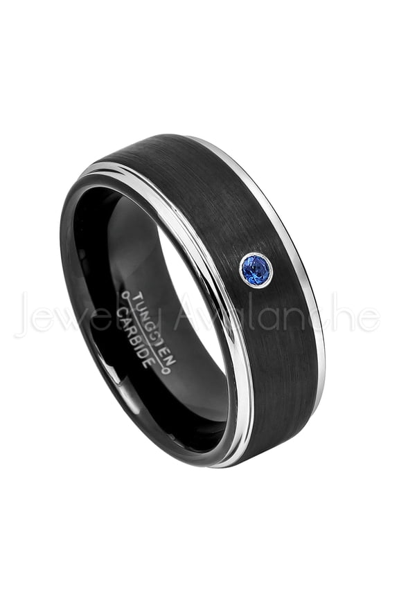 2-Tone Black Tungsten Wedding Band - 0.07ct Solitaire Blue Sapphire Ring - Personalized Tungsten Wedding Ring - Custom Made September Birthstone Ring TN670BS