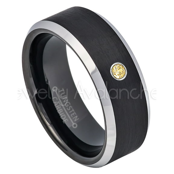 2-Tone Black Tungsten Wedding Band - 0.07ct Solitaire Citrine Ring - Personalized Tungsten Wedding Ring - Custom Made November Birthstone Ring TN667BS