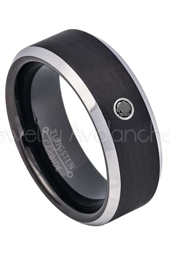 2-Tone Black Tungsten Wedding Band - 0.07ct Solitaire Black Diamond Ring - Personalized Tungsten Wedding Ring - Custom Made April Birthstone Ring TN667BS