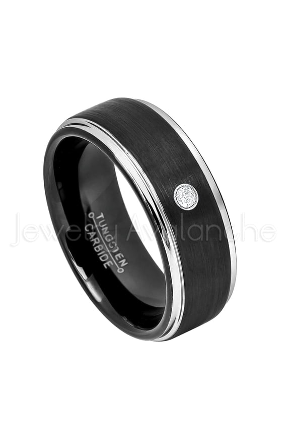 2-Tone Black Tungsten Wedding Band - 0.07ct Solitaire Diamond Ring - Personalized Tungsten Wedding Ring - Custom Made April Birthstone Ring TN670BS