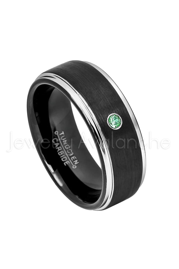 2-Tone Black Tungsten Wedding Band - 0.07ct Solitaire Emerald Ring - Personalized Tungsten Wedding Ring - Custom Made May Birthstone Ring TN670BS